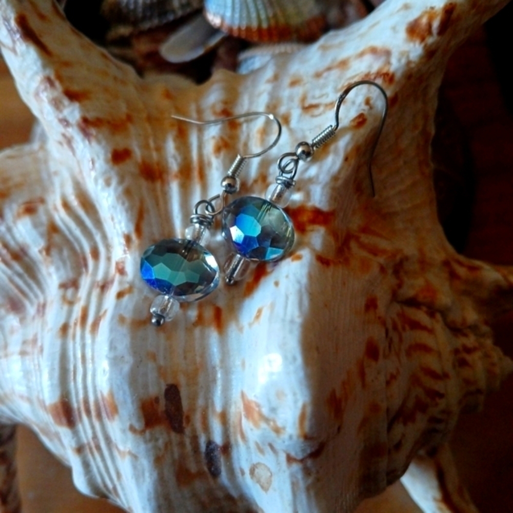 Sapphire Aurora Borealis Faceted Glass Round Beads by Beaded earrings in sterlin